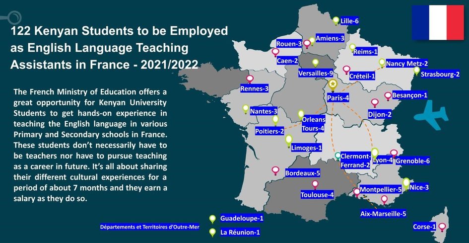 Carte des académies dans lesquelles enseigneront les assistants de langue anglaise sélectionnés. Les autres étudiants connaîtront leur destination très prochainement. - JPEG